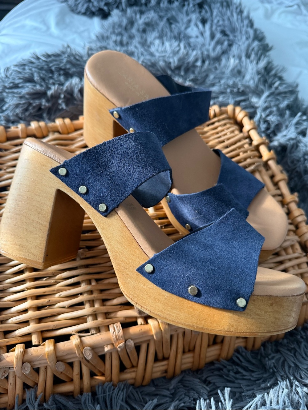 Navy Suede Studded Wood-Platform Slide Sandals - Women - Brand: Ilaria Sartori
